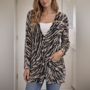 Fuzzy Zebra Print Cardigan Sweater cozy Faux Fur Button Front Soft Plush